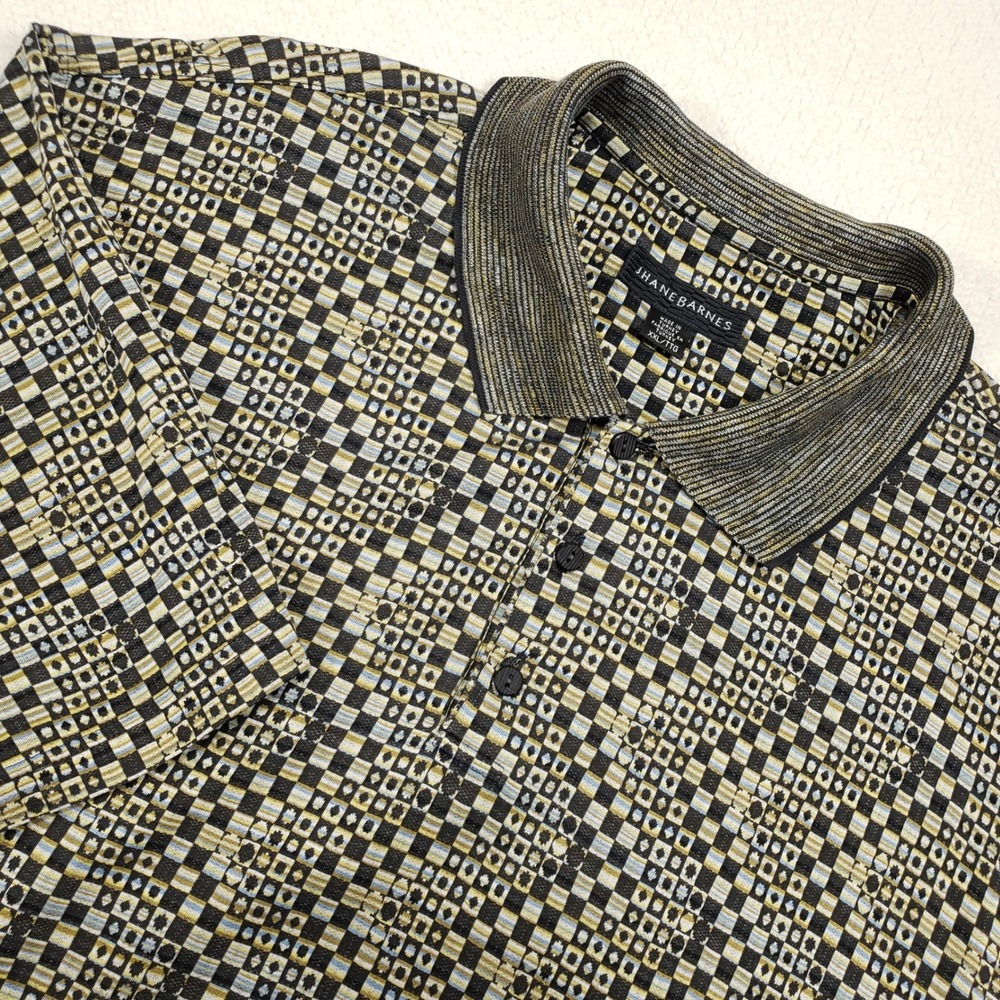 Jhane‎ Barnes Polo Shirt Mens XXL Black Gold Geometric Jacquard Cotton Knit
